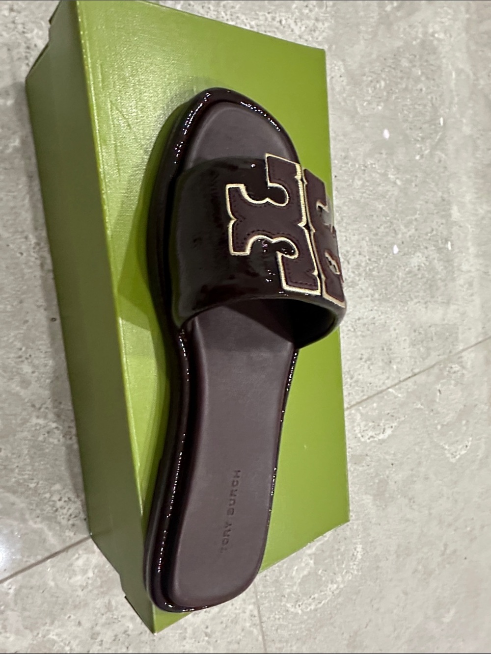 Tory Burch Dark Brown Patent Slide with Cream Contrast Logo